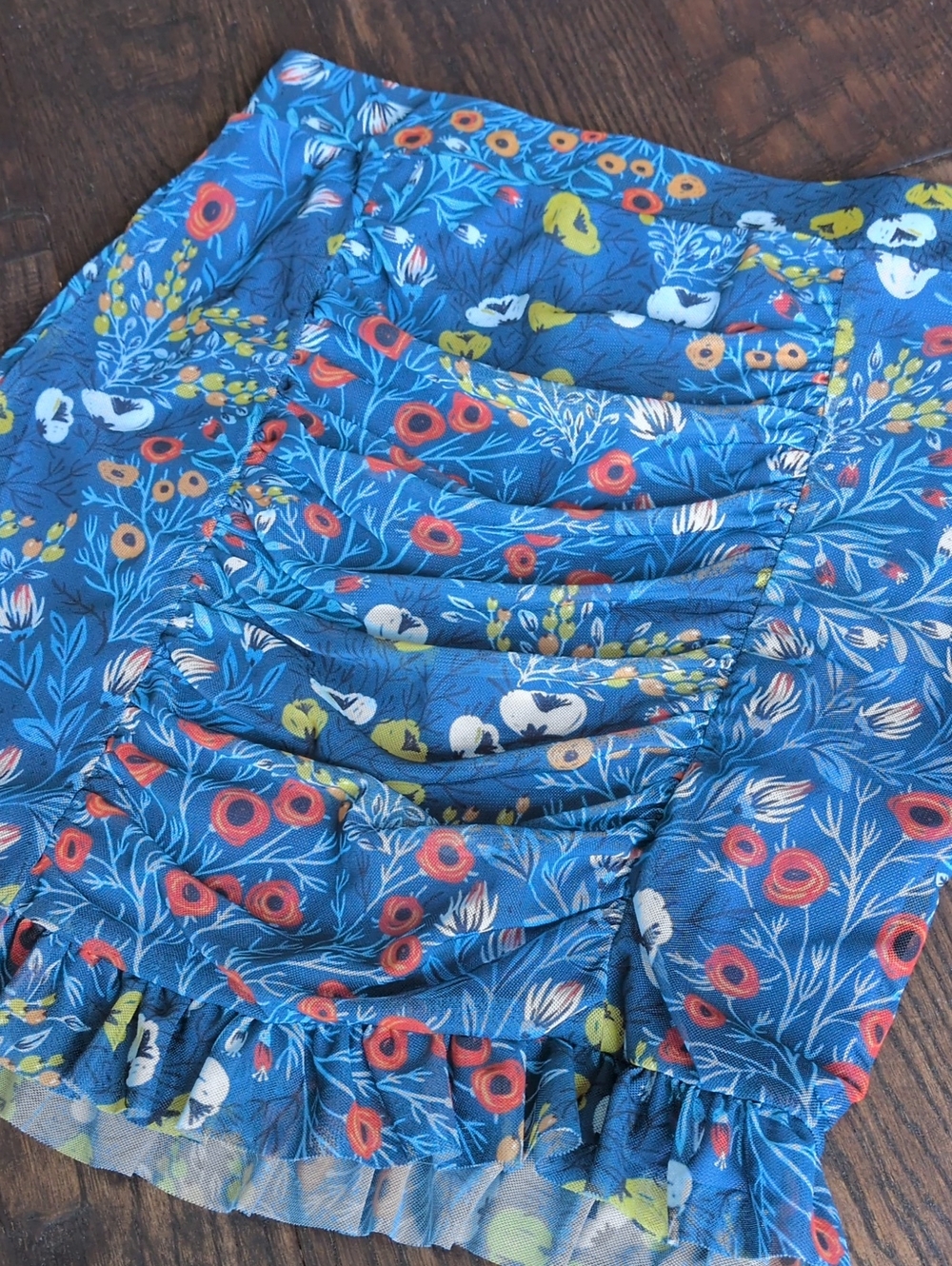 FREE PEOPLE I Blue, Orange & Mustard Floral Romi Ruched Mesh Mini Skirt, XS